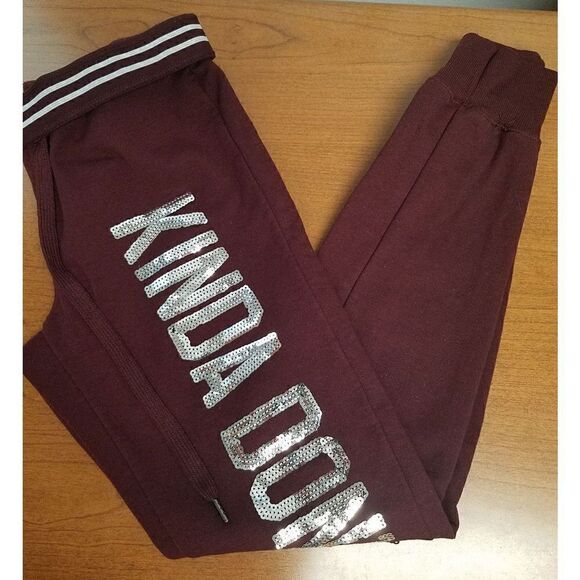 Rue21 Small Burgundy sweatpants with"Kinda Don't Care" in silver sequins down t - Picture 3 of 6
